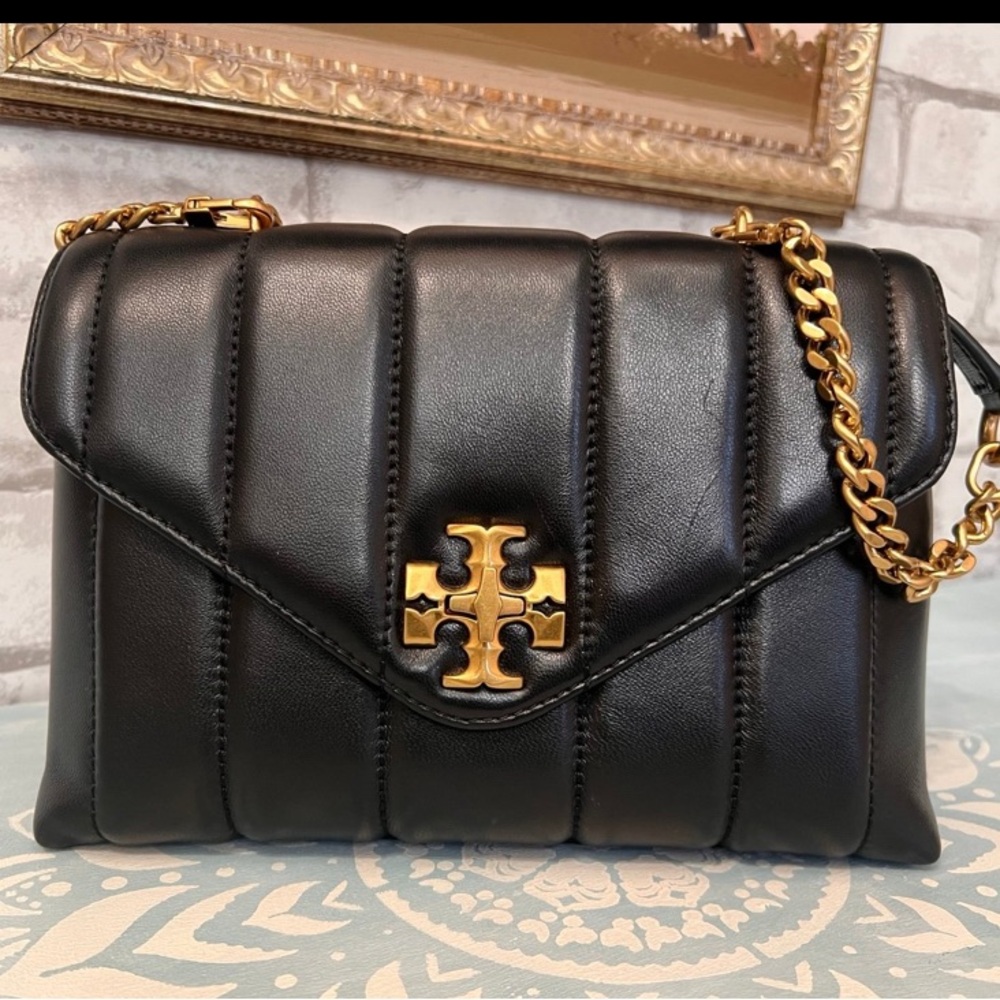 Tory Burch small Kira satchel. Black and Gold Quilted leather. Crossbody Bag